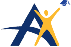 Uppercase A with an image of a person in front of it hands up and a graduation cap above it. Uppercase A with an image of a person in front of it hands up and a graduation cap above it.